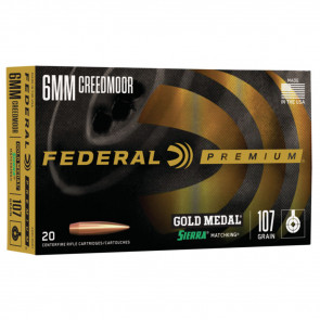 GOLD MEDAL SIERRA MATCHKING AMMUNITION - 6MM CREEDMOOR, SIERRA MATCHKING BOAT-TAIL HOLLOW POINT, 107 GR, 20/BX