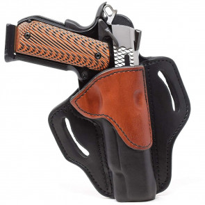 OPEN TOP MULTI-FIT BELT HOLSTER - BROWN ON BLACK - RIGHT HAND - BROWNING HP, 4” AND 5” 1911S W/OUT RAILS