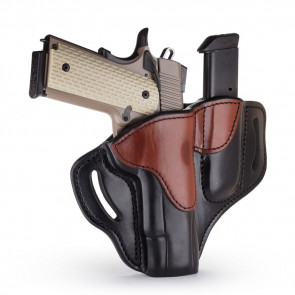 OPEN TOP MULTI-FIT BELT HOLSTER AND BUILT-IN MAG POUCH - BROWN ON BLACK - RIGHT HAND - BRN HP, COLT 1911 5”, KIM 1911 5”, SIG 1911 5” W/RAIL