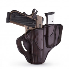 OPEN TOP MULTI-FIT BELT HOLSTER AND BUILT-IN MAG POUCH - SIGNATURE BROWN - RIGHT HAND - BRN HP, COLT 1911 5”, KIM 1911 5”, SIG 1911 5” W/RAIL