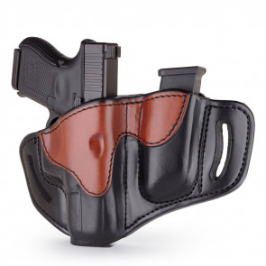 OPEN TOP MULTI-FIT BELT HOLSTER AND BUILT-IN MAG POUCH - BROWN ON BLACK - RIGHT HAND - GLOCK 19/23/25, H&K 40C, RUG SR9, S&W MP9, MP40, WAL P99