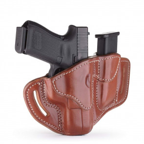 OPEN TOP MULTI-FIT BELT HOLSTER AND BUILT-IN MAG POUCH - CLASSIC BROWN - RIGHT HAND - GLOCK 19/23/25, H&K 40C, RUG SR9, S&W MP9, MP40, WAL P99
