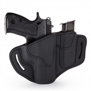 OPEN TOP MULTI-FIT BELT HOLSTER AND BUILT-IN MAG POUCH - BLACK LEATHER - LEFT HAND - GLOCK 19/23/25, H&K 40C, RUG SR9, S&W MP9, MP40, WAL P99